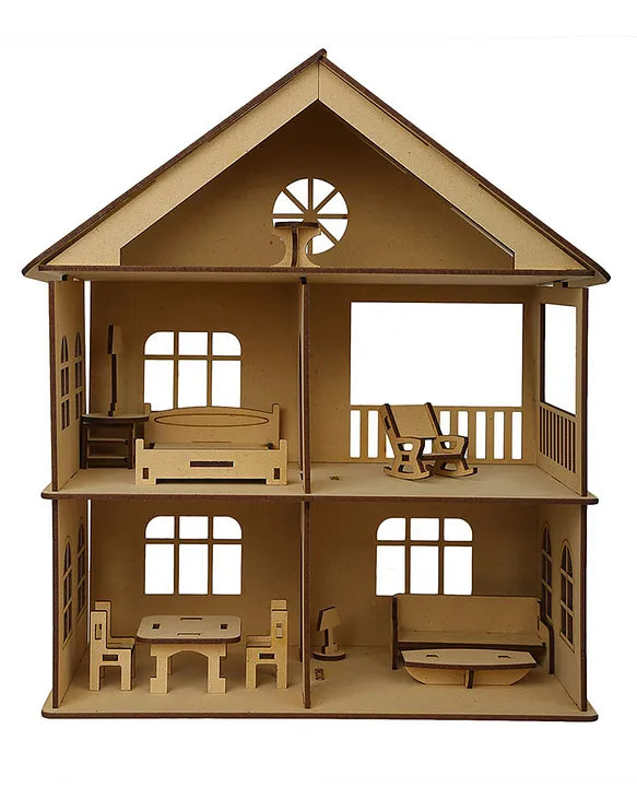 Wooden Toy House with Furniture for Kids (Free Paint Set)